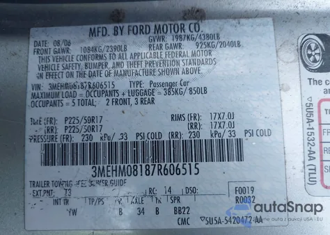 2007 Mercury Milan V6 Premier from USA, damaged, VIN 3MEHM08187R606515